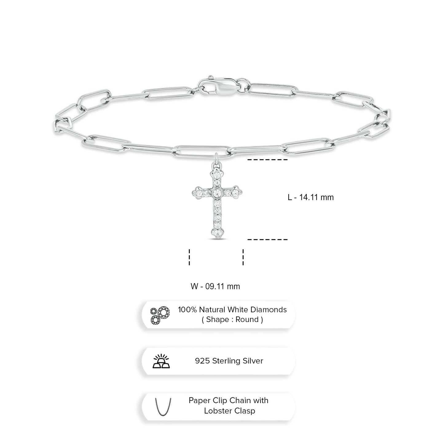 Cross Charm Diamond Bracelet in 925 Sterling Silver