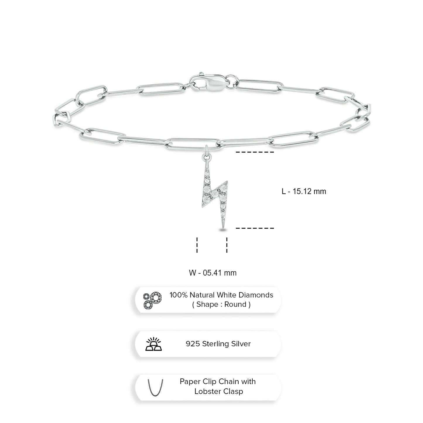 Lightning Bolt Charm Diamond Bracelet in 925 Sterling Silver