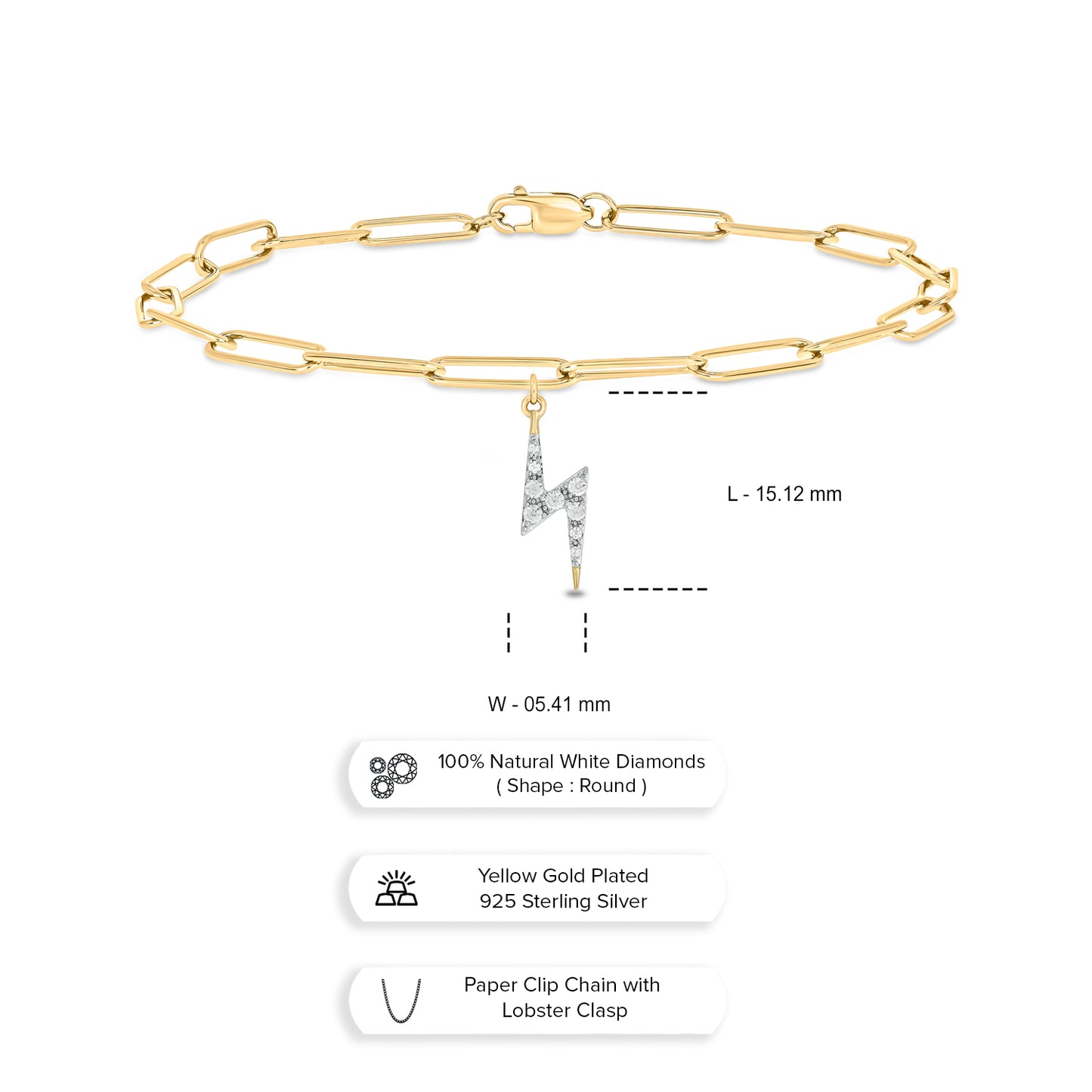 Lightning Bolt Charm Diamond Bracelet in 925 Sterling Silver