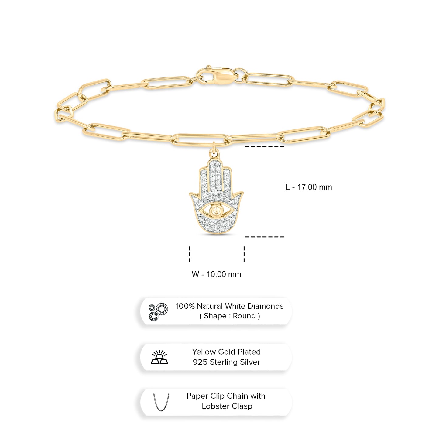 14K Gold Vermeil Hamsa Charm Diamond Bracelet
