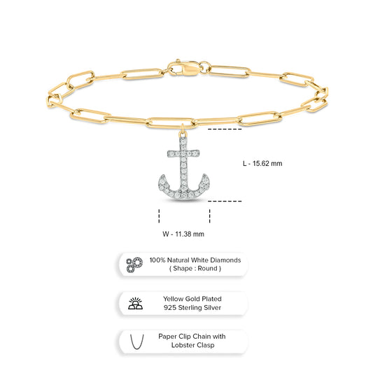 Diamond Link Bracelet with Anchor Charm in 14K Gold Vermeil