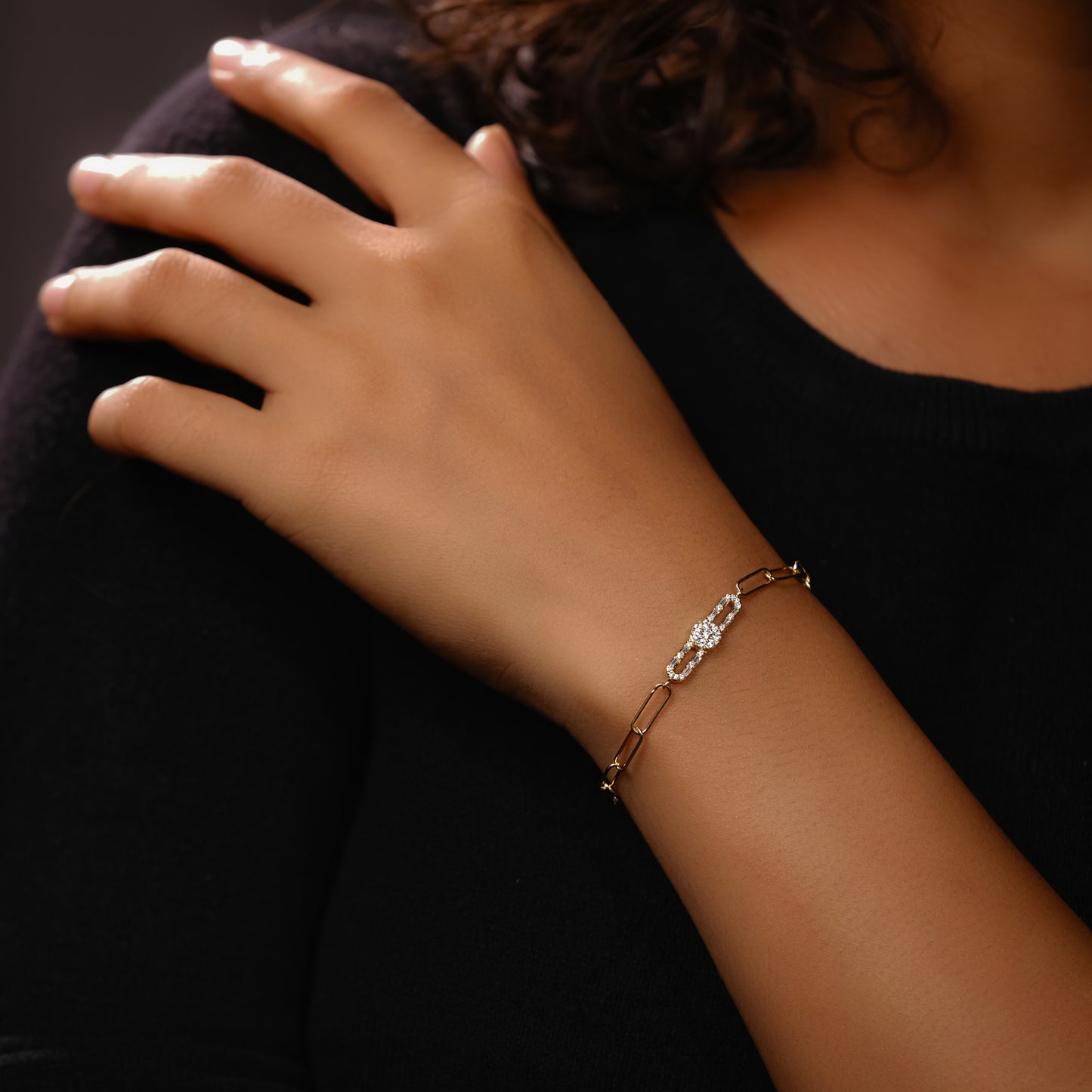 Gold Plated Sterling Silver Paper Clip Style Diamond Bracelet