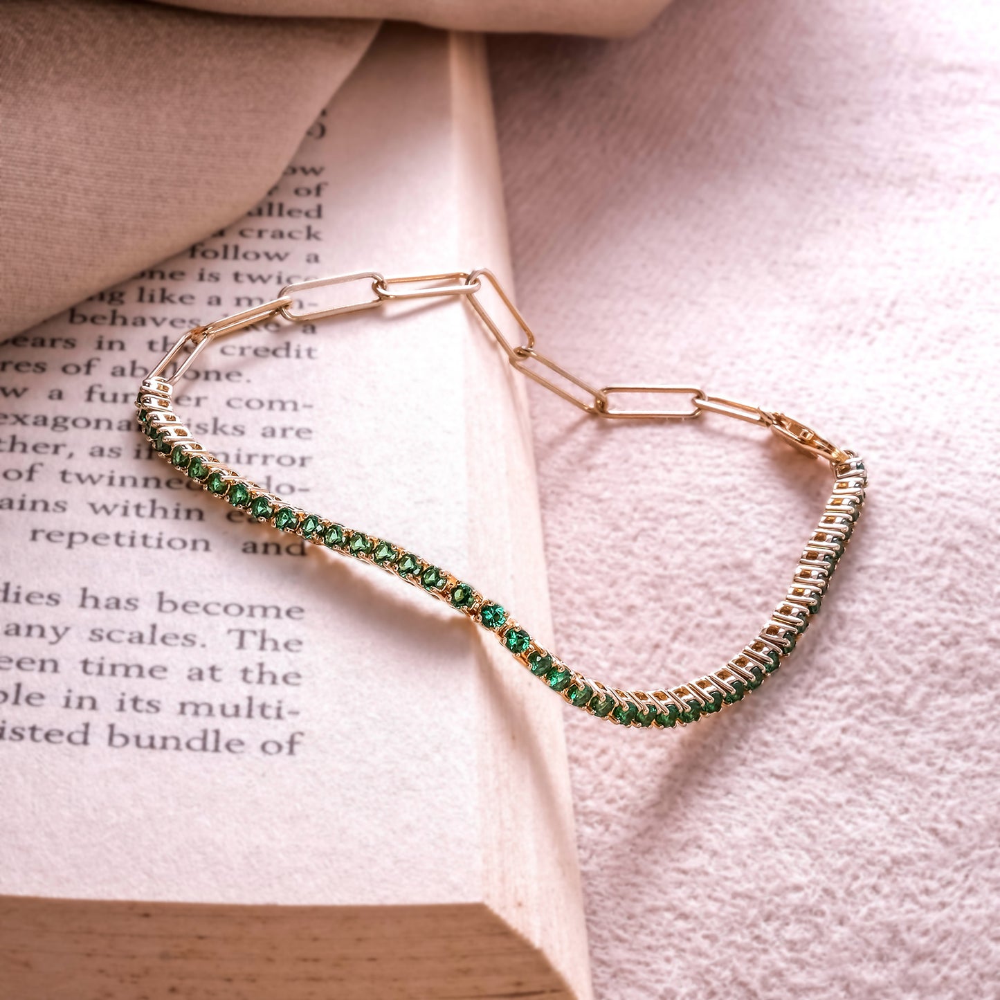 14K Gold Vermeil Half Paper Clip & Half Tennis Emerald Bracelet