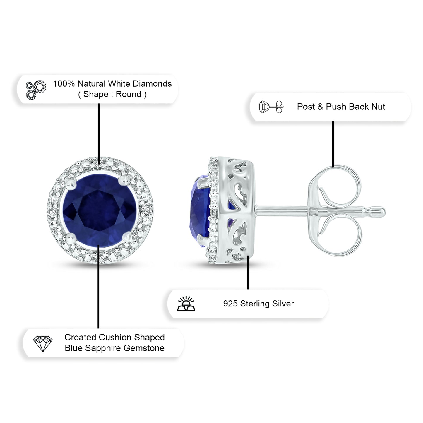 Round Coloured Stone Diamond Earrings in 925 Sterling Silver