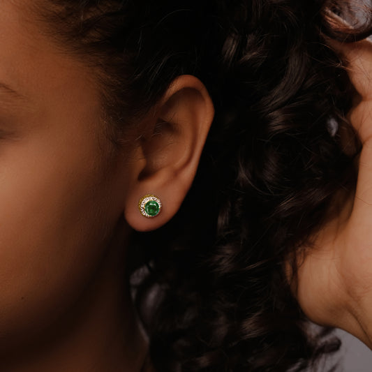14K Gold Vermeil Emerald and Diamond Stud Earrings