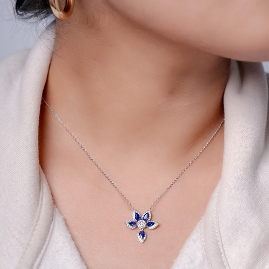 14KT Gold Floral Necklace in Blue Sapphire & Diamond
