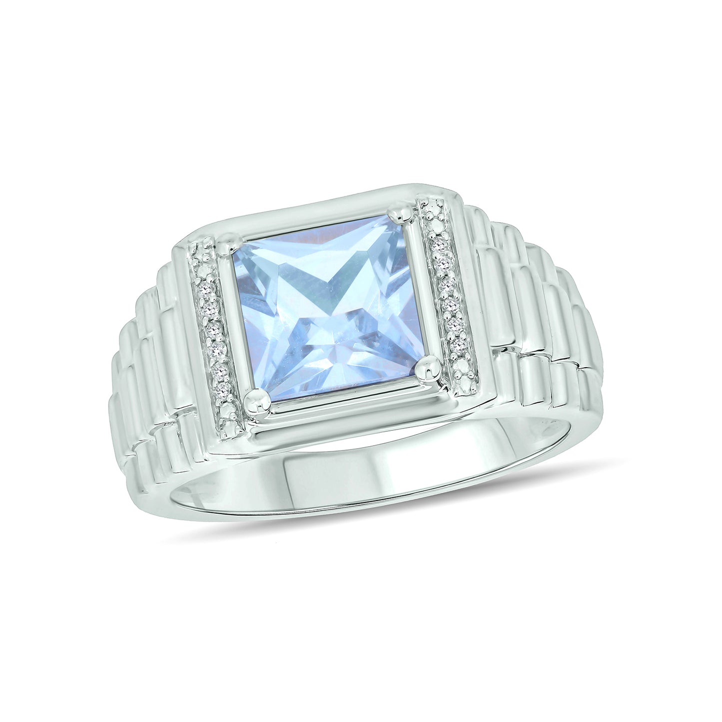 925 Sterling Silver Men's Square Created Gemstone & Diamond Ring