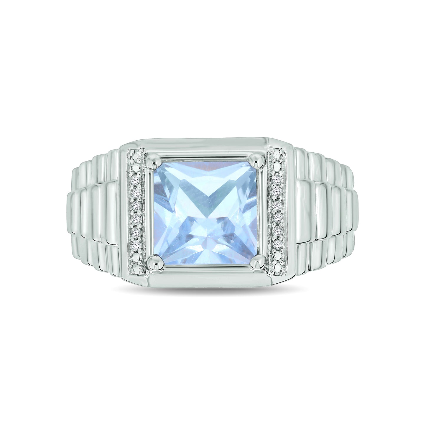 925 Sterling Silver Men's Square Created Gemstone & Diamond Ring