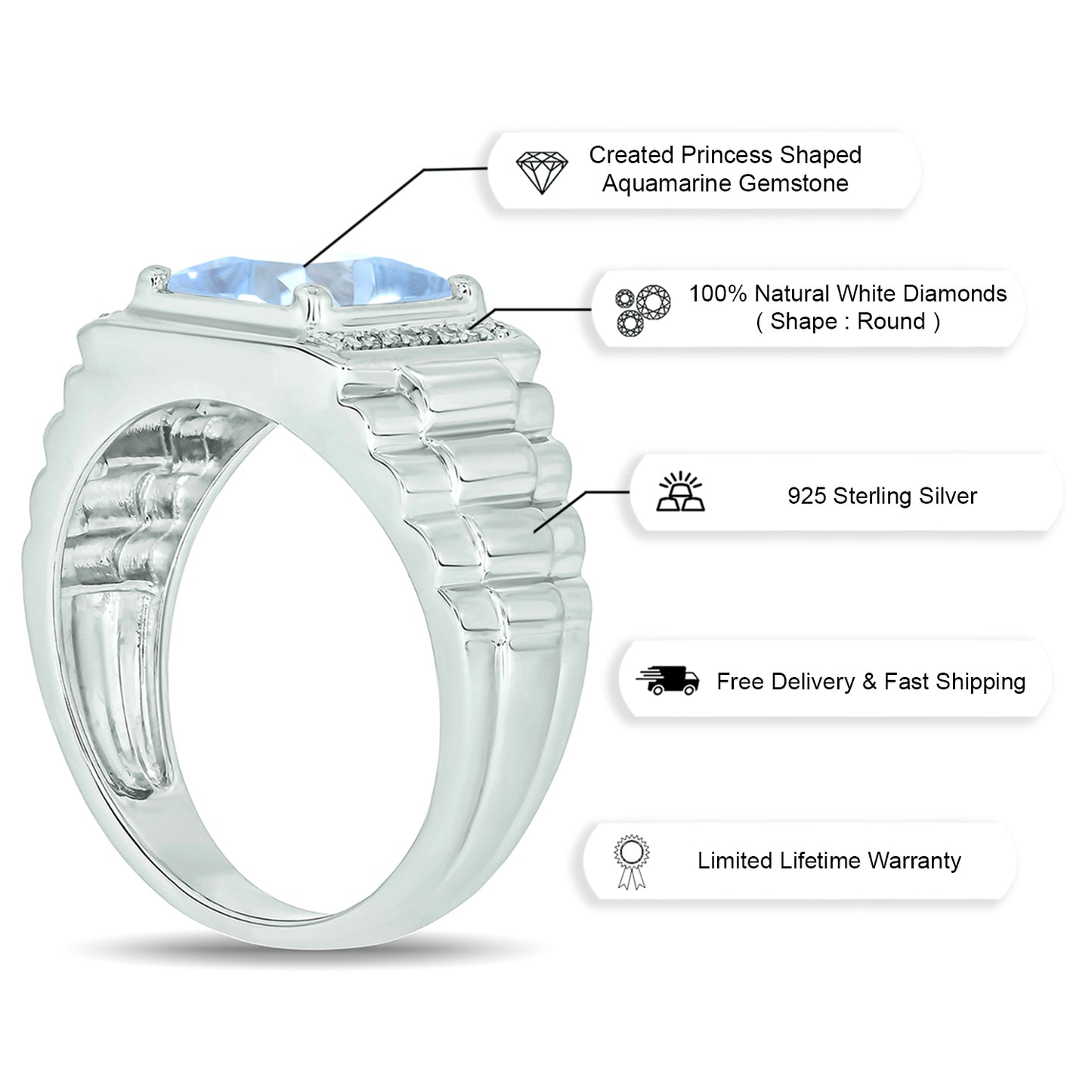 925 Sterling Silver Men's Square Created Gemstone & Diamond Ring