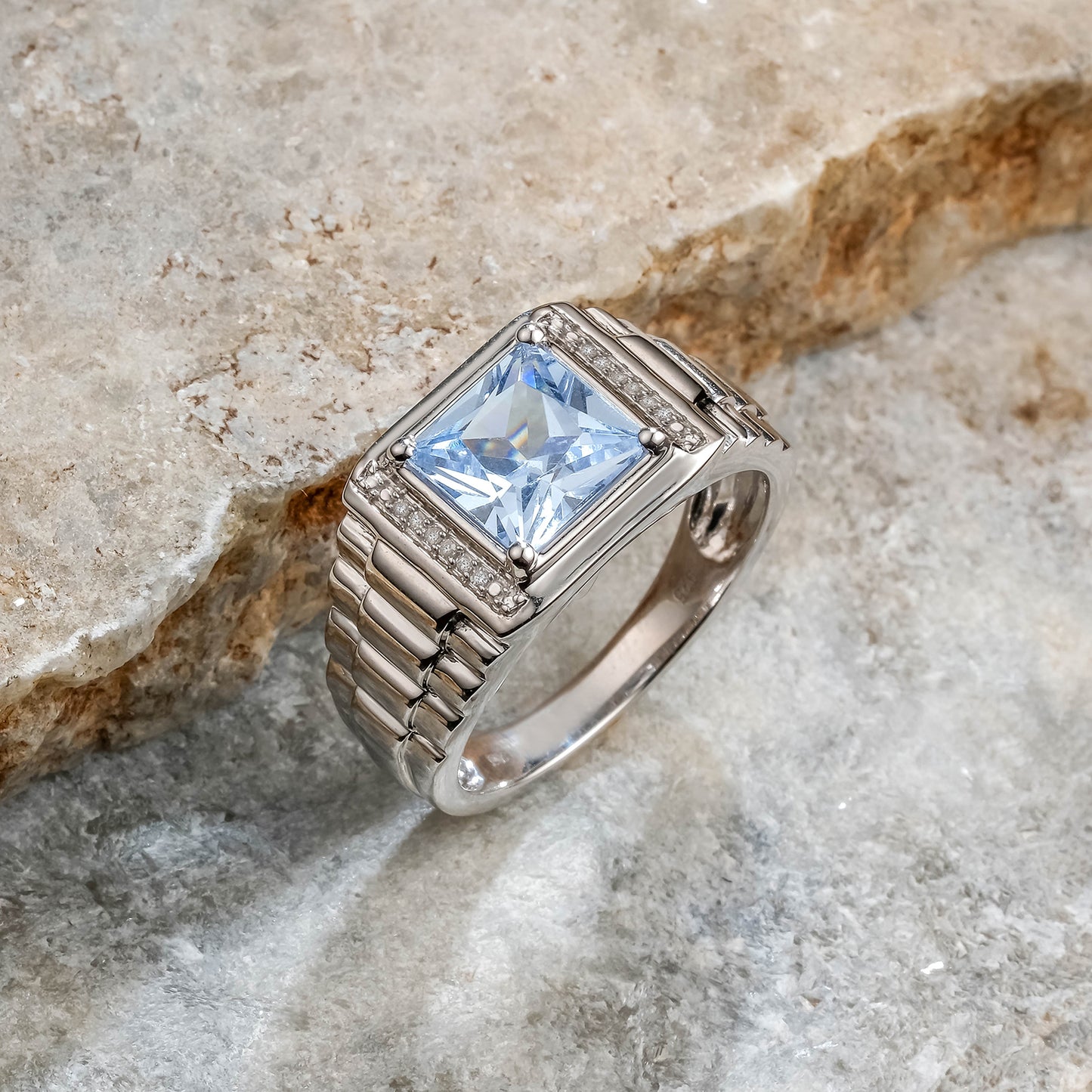 925 Sterling Silver Men's Square Created Gemstone & Diamond Ring