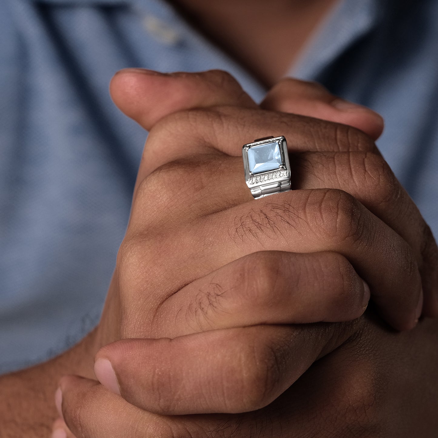 925 Sterling Silver Men's Square Created Gemstone & Diamond Ring