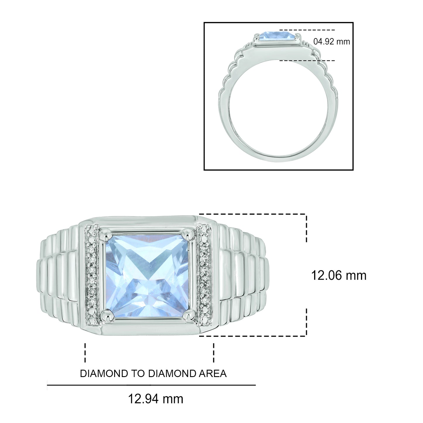 925 Sterling Silver Men's Square Created Gemstone & Diamond Ring