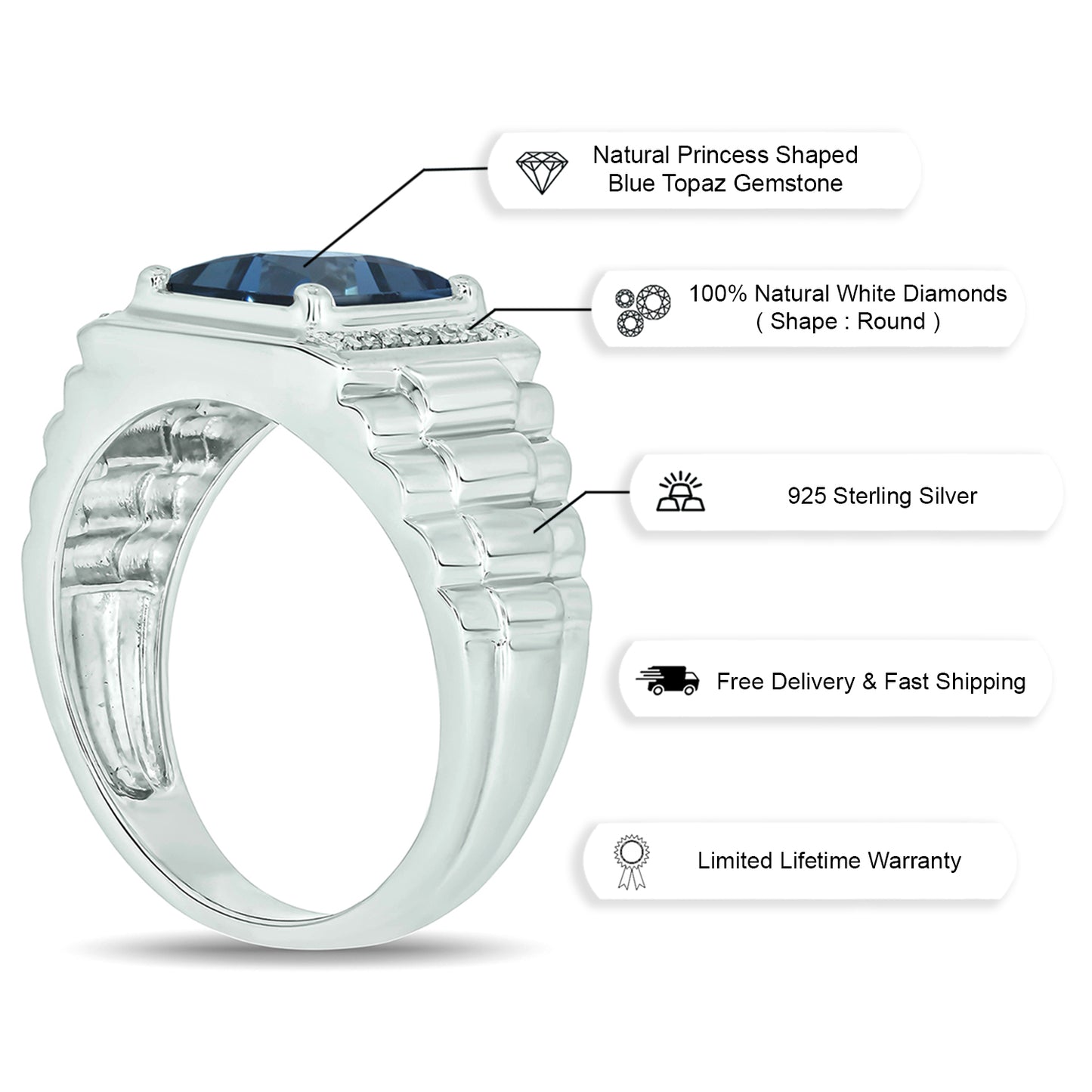 925 Sterling Silver Men's Natural Natural Gemstone & Diamond Ring