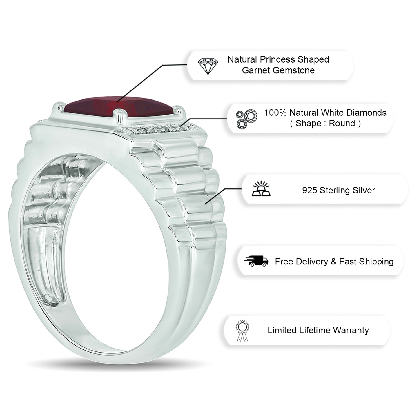 925 Sterling Silver Men's Natural Natural Gemstone & Diamond Ring