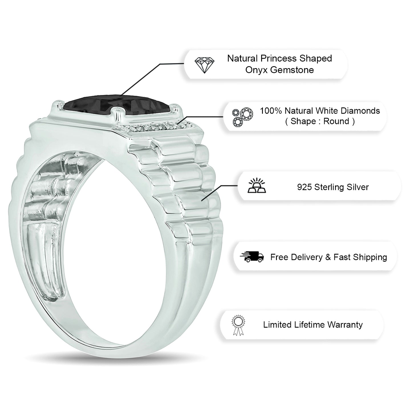 925 Sterling Silver Men's Natural Natural Gemstone & Diamond Ring