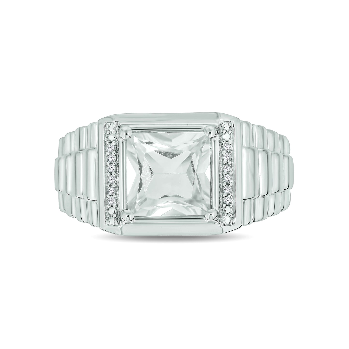 925 Sterling Silver Men's Square Created Gemstone & Diamond Ring