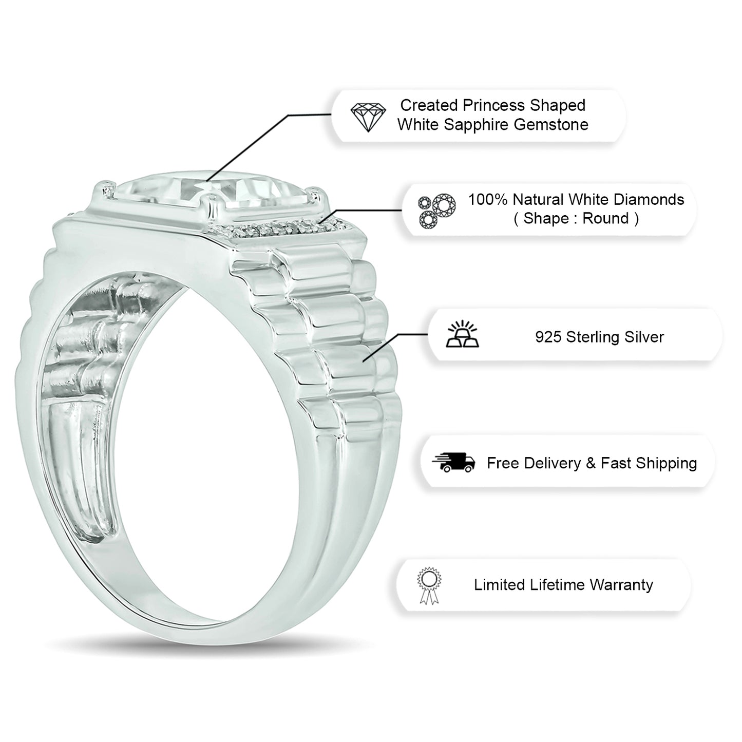 925 Sterling Silver Men's Square Created Gemstone & Diamond Ring