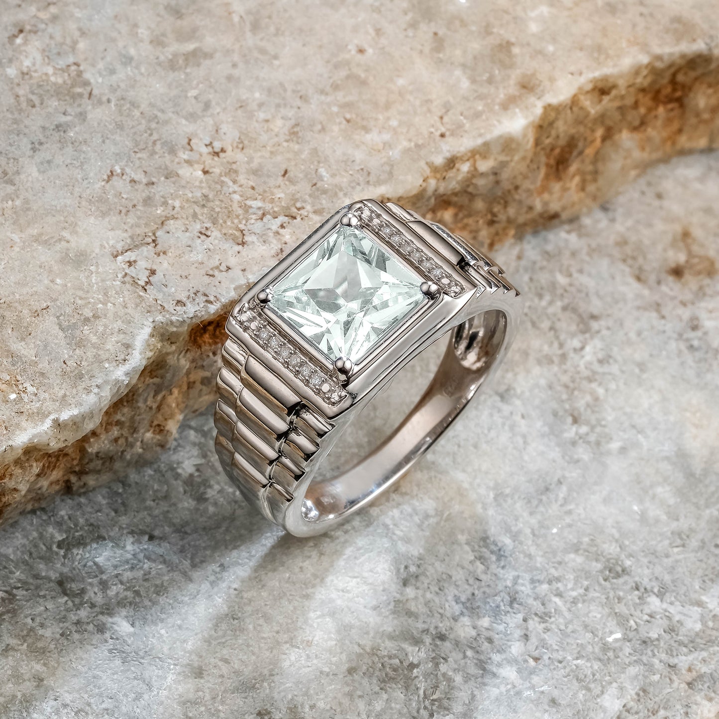 925 Sterling Silver Men's Square Created Gemstone & Diamond Ring