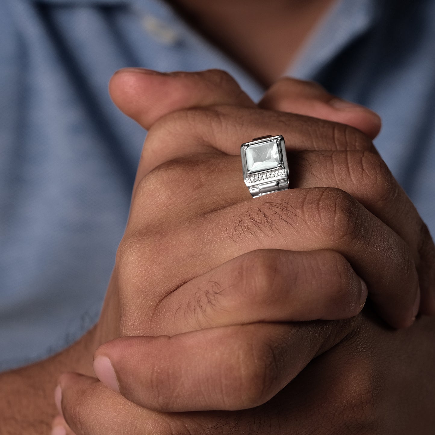 925 Sterling Silver Men's Square Created Gemstone & Diamond Ring
