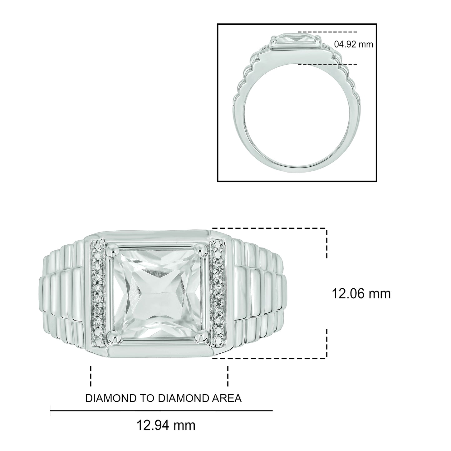925 Sterling Silver Men's Square Created Gemstone & Diamond Ring