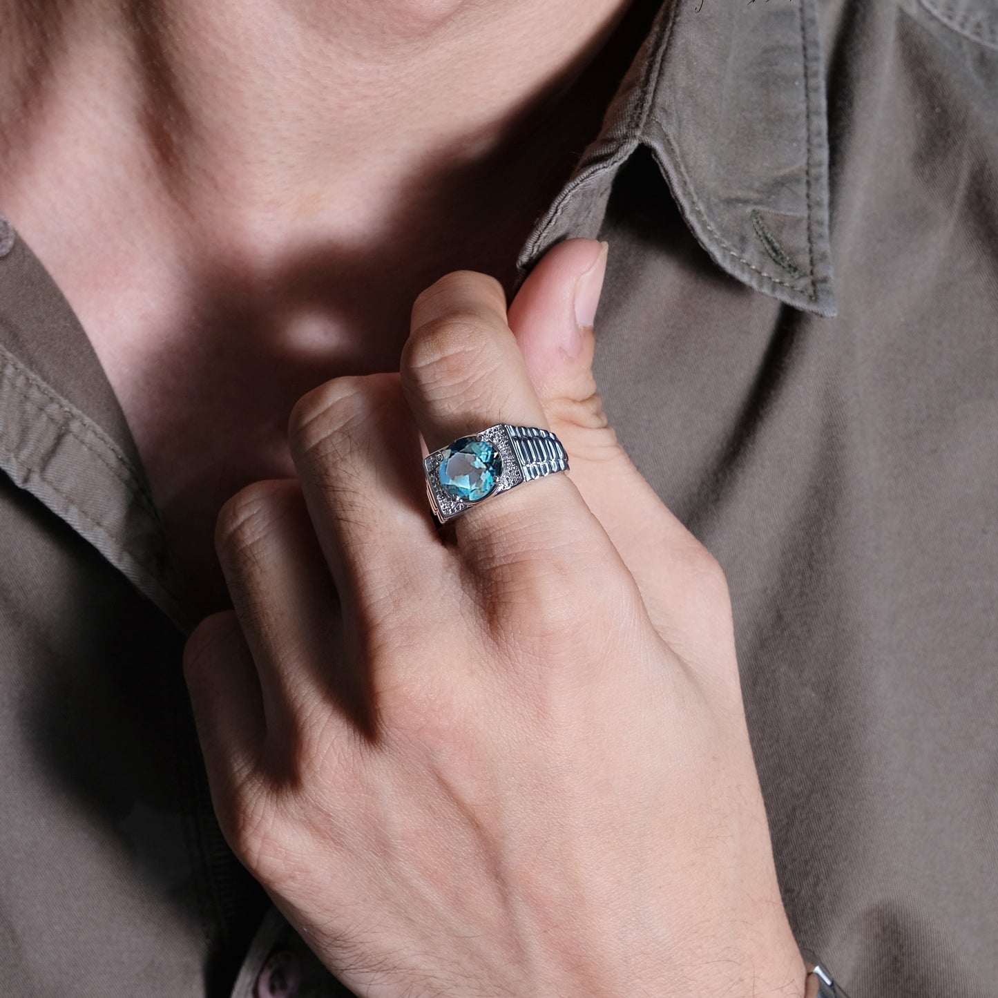 925 Sterling Silver Men's Round Created Gemstone & Diamond Ring