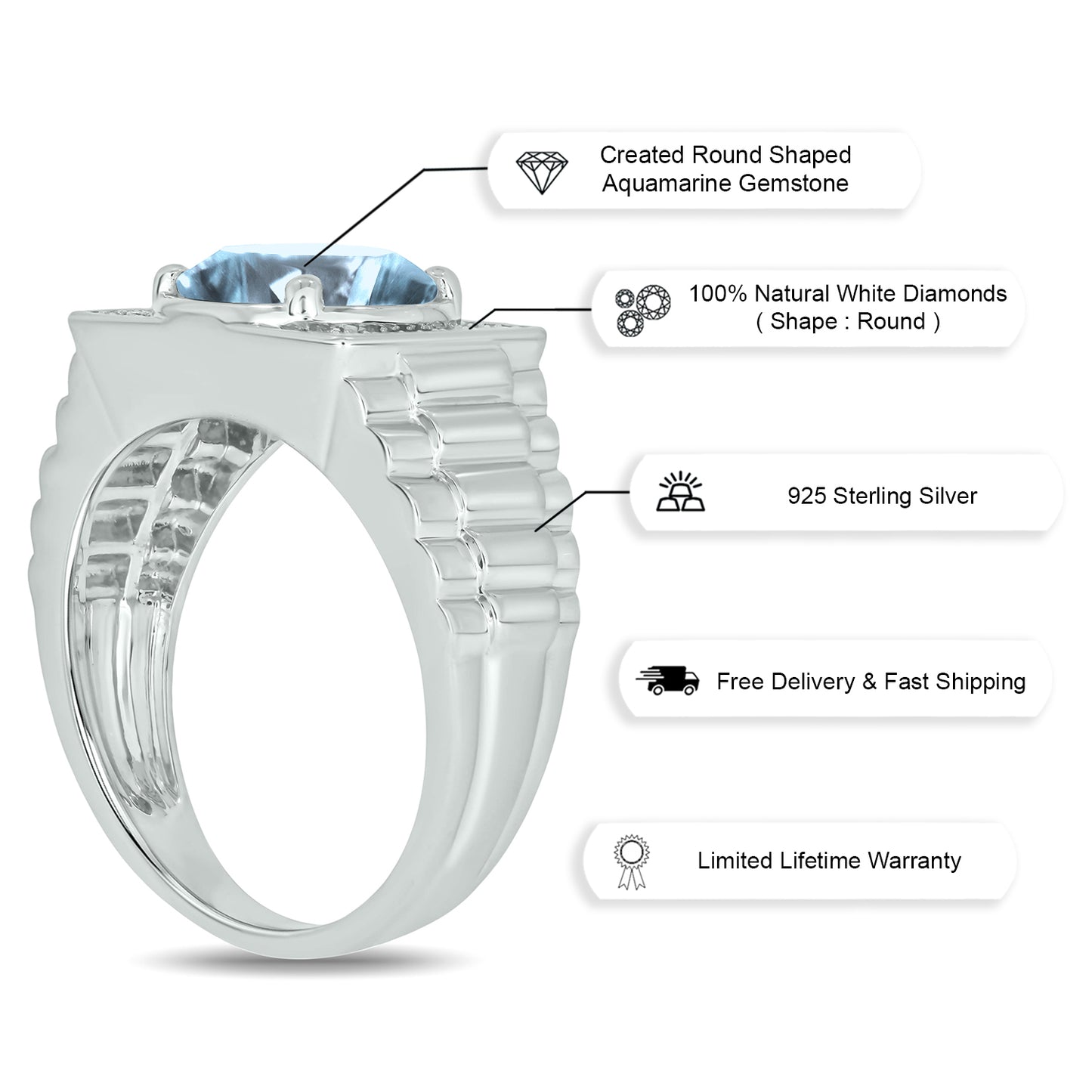 925 Sterling Silver Men's Round Created Gemstone & Diamond Ring