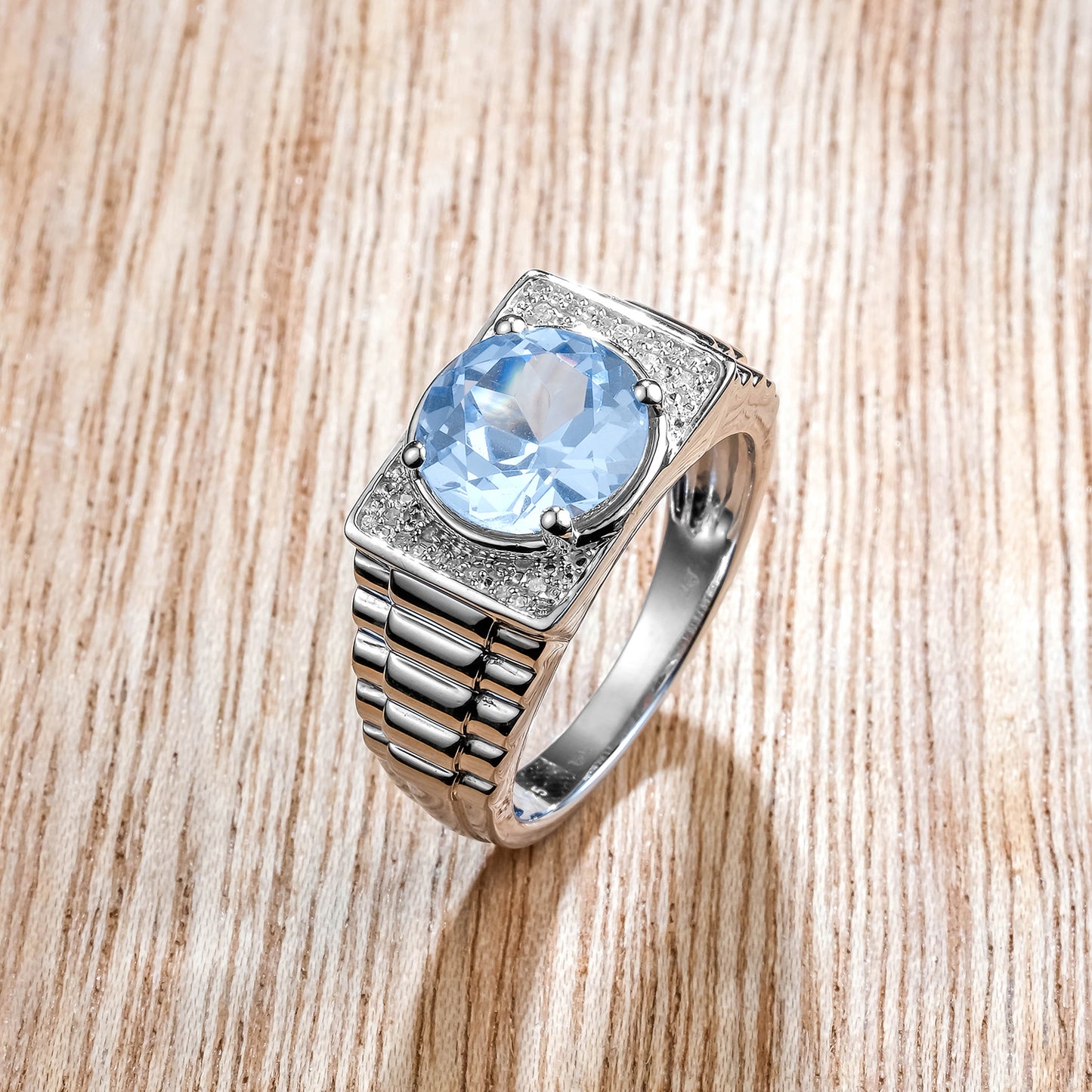 925 Sterling Silver Men's Round Created Gemstone & Diamond Ring