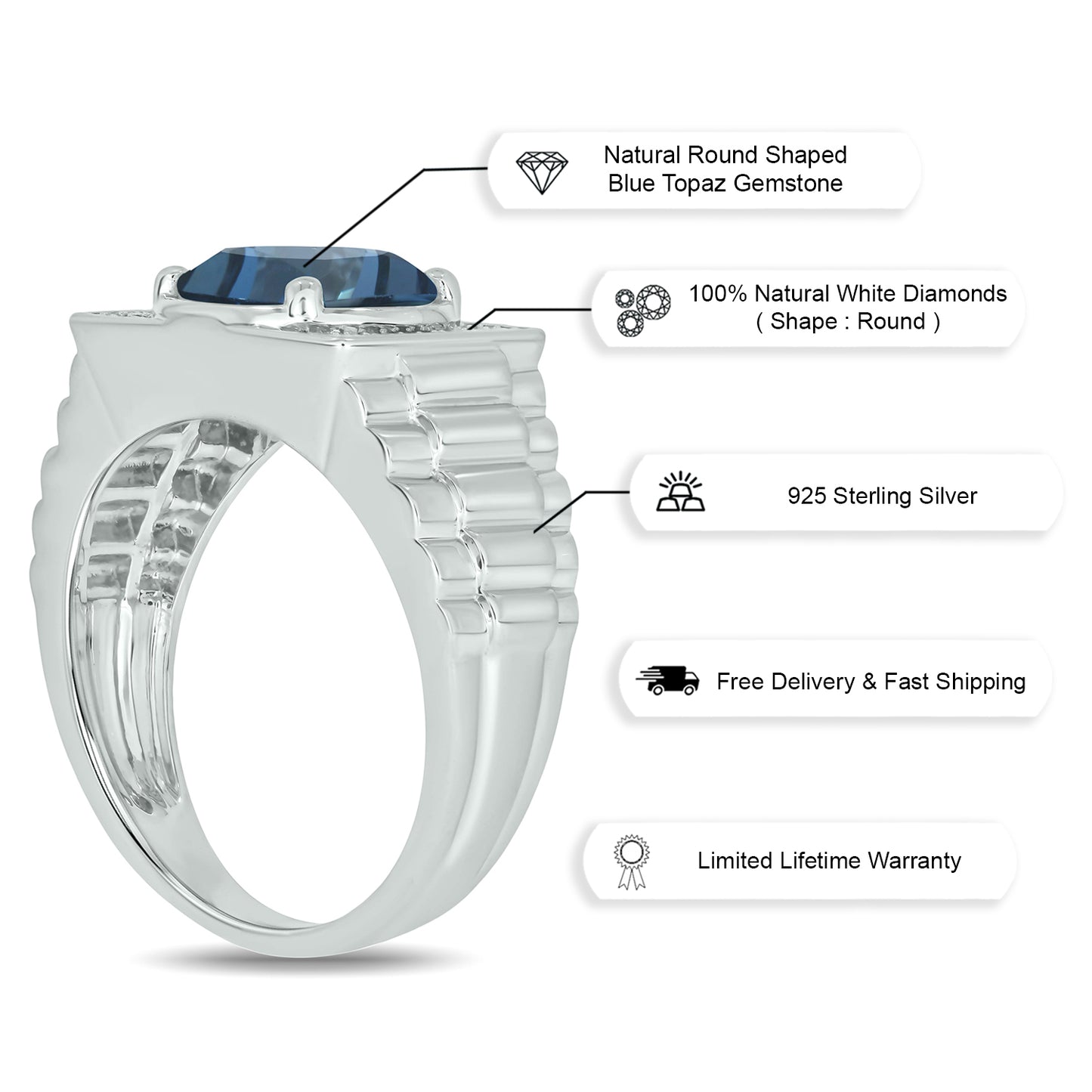925 Sterling Silver Men's Ribbed Shank Round Natural Gemstone & Diamond Ring