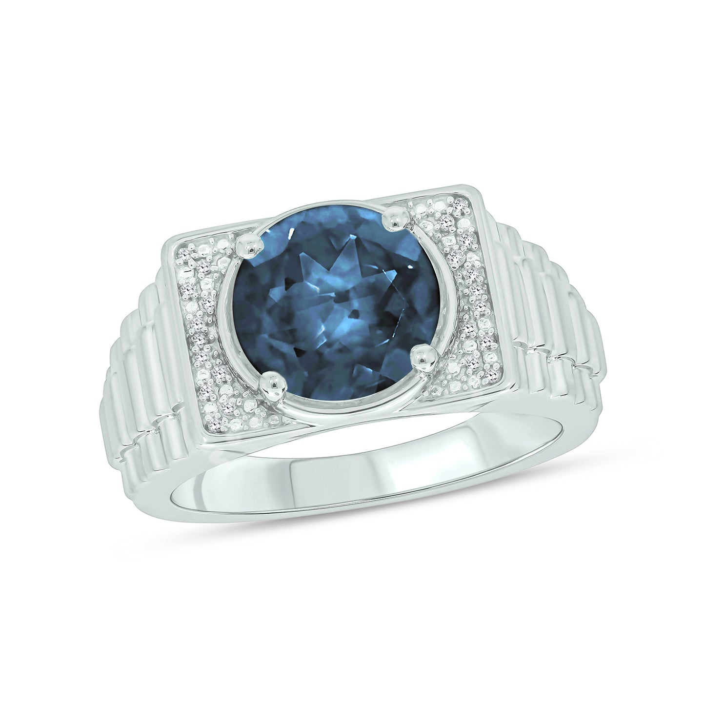 925 Sterling Silver Men's Ribbed Shank Round Natural Gemstone & Diamond Ring