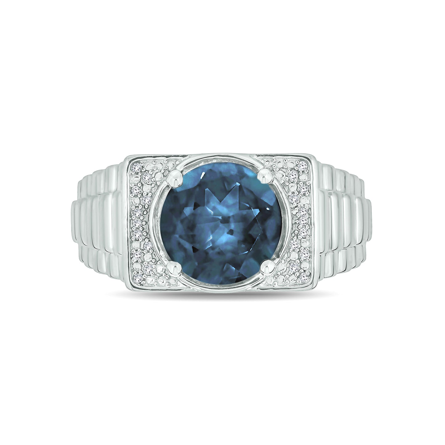 925 Sterling Silver Men's Ribbed Shank Round Natural Gemstone & Diamond Ring