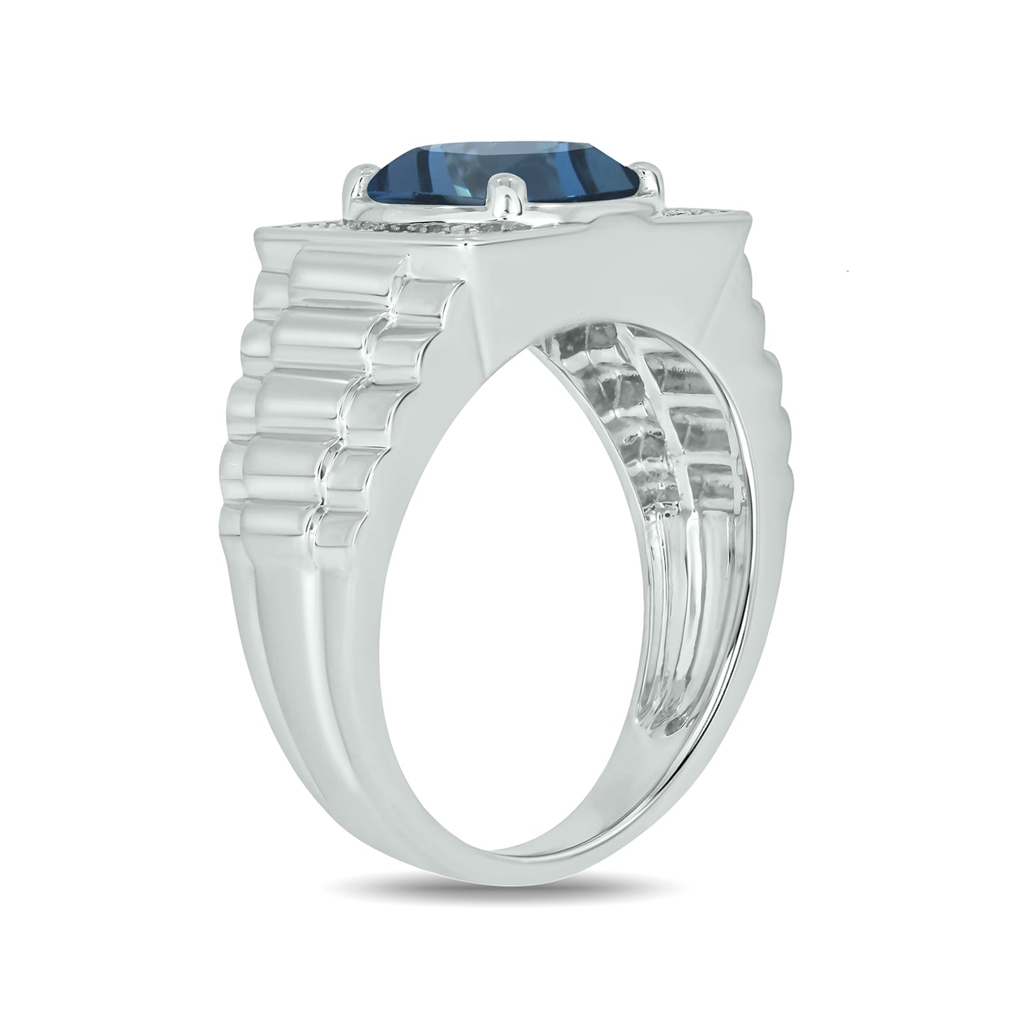 925 Sterling Silver Men's Ribbed Shank Round Natural Gemstone & Diamond Ring