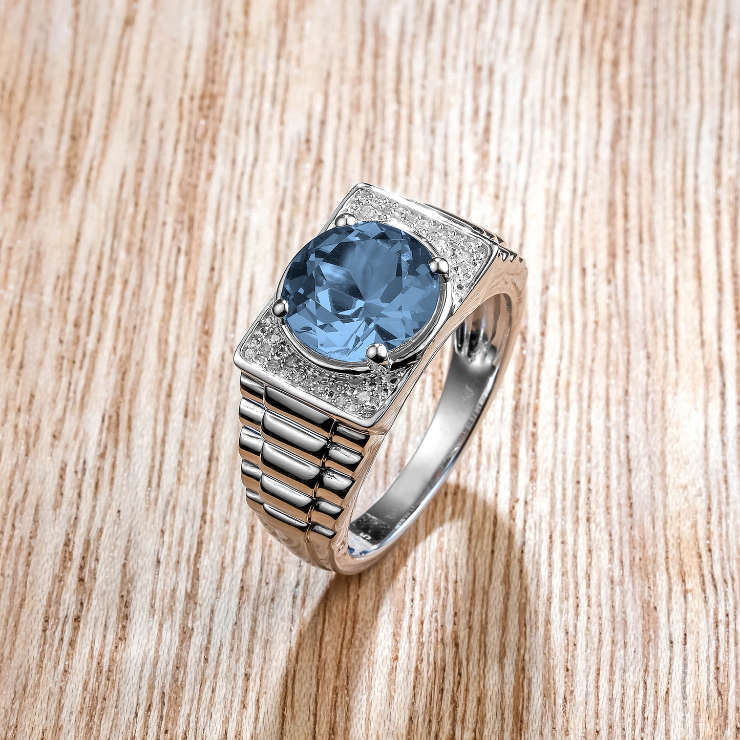 925 Sterling Silver Men's Ribbed Shank Round Natural Gemstone & Diamond Ring