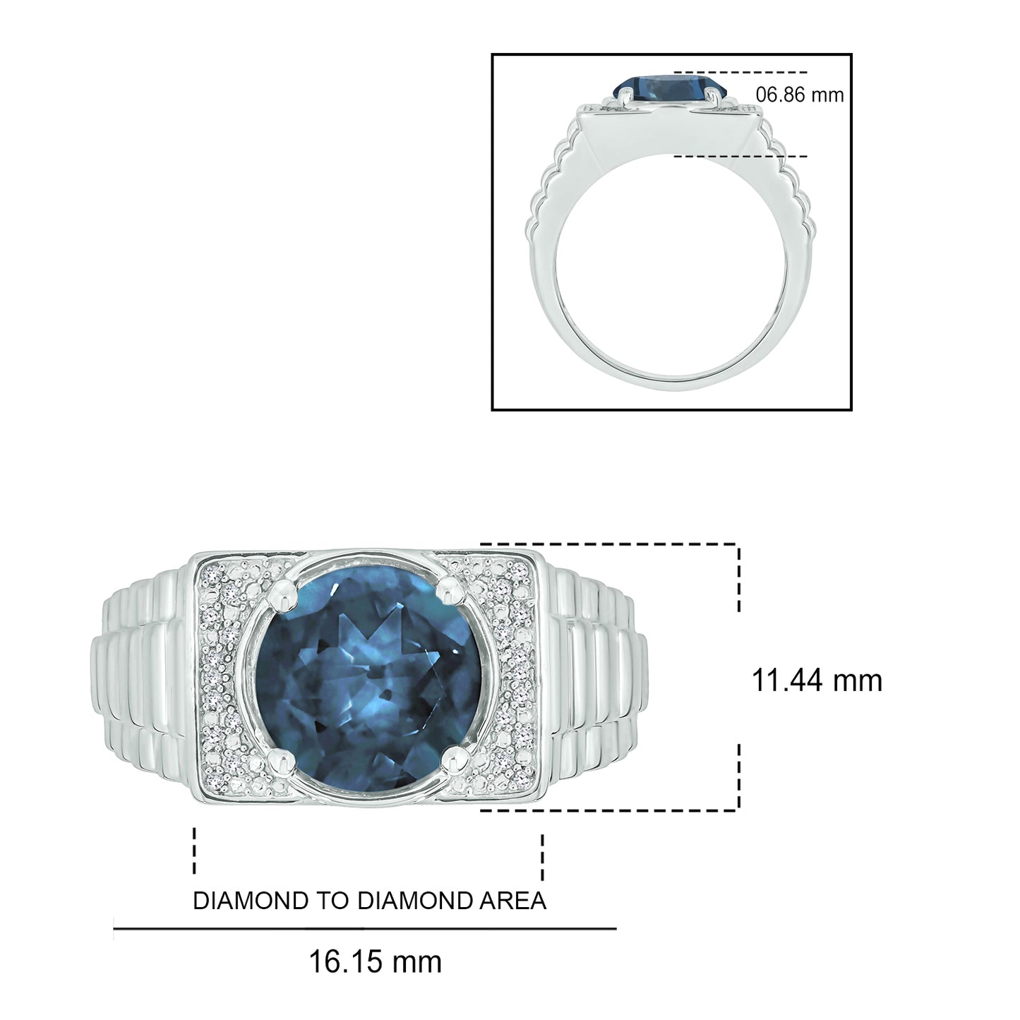 925 Sterling Silver Men's Ribbed Shank Round Natural Gemstone & Diamond Ring