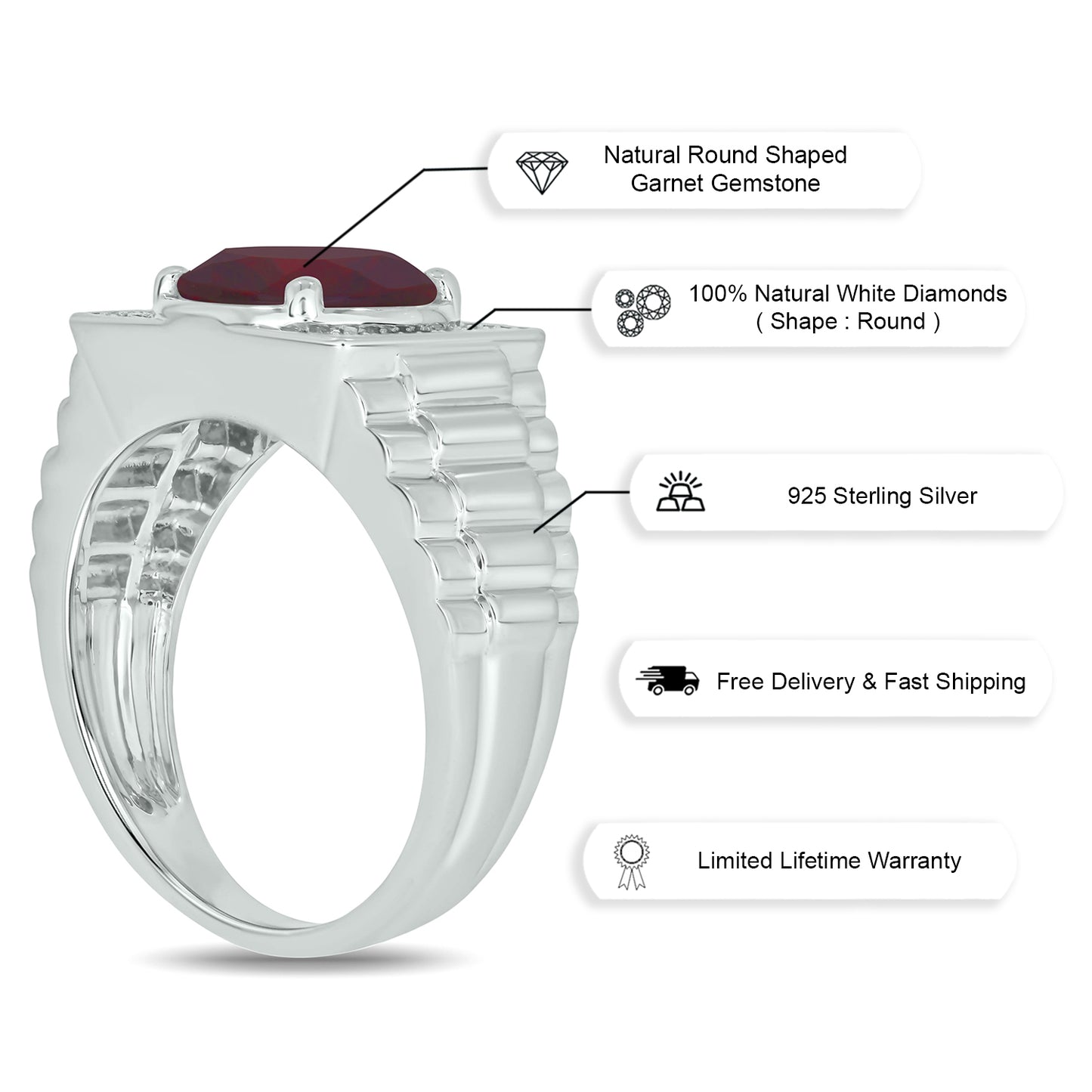 925 Sterling Silver Men's Ribbed Shank Round Natural Gemstone & Diamond Ring