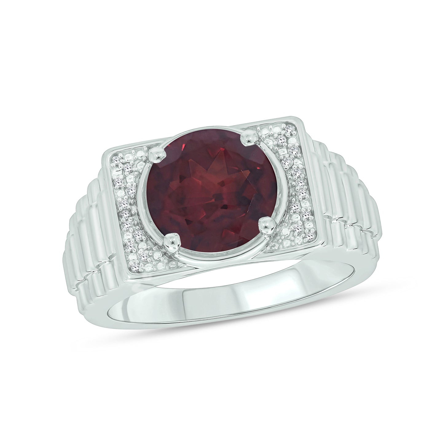 925 Sterling Silver Men's Ribbed Shank Round Natural Gemstone & Diamond Ring