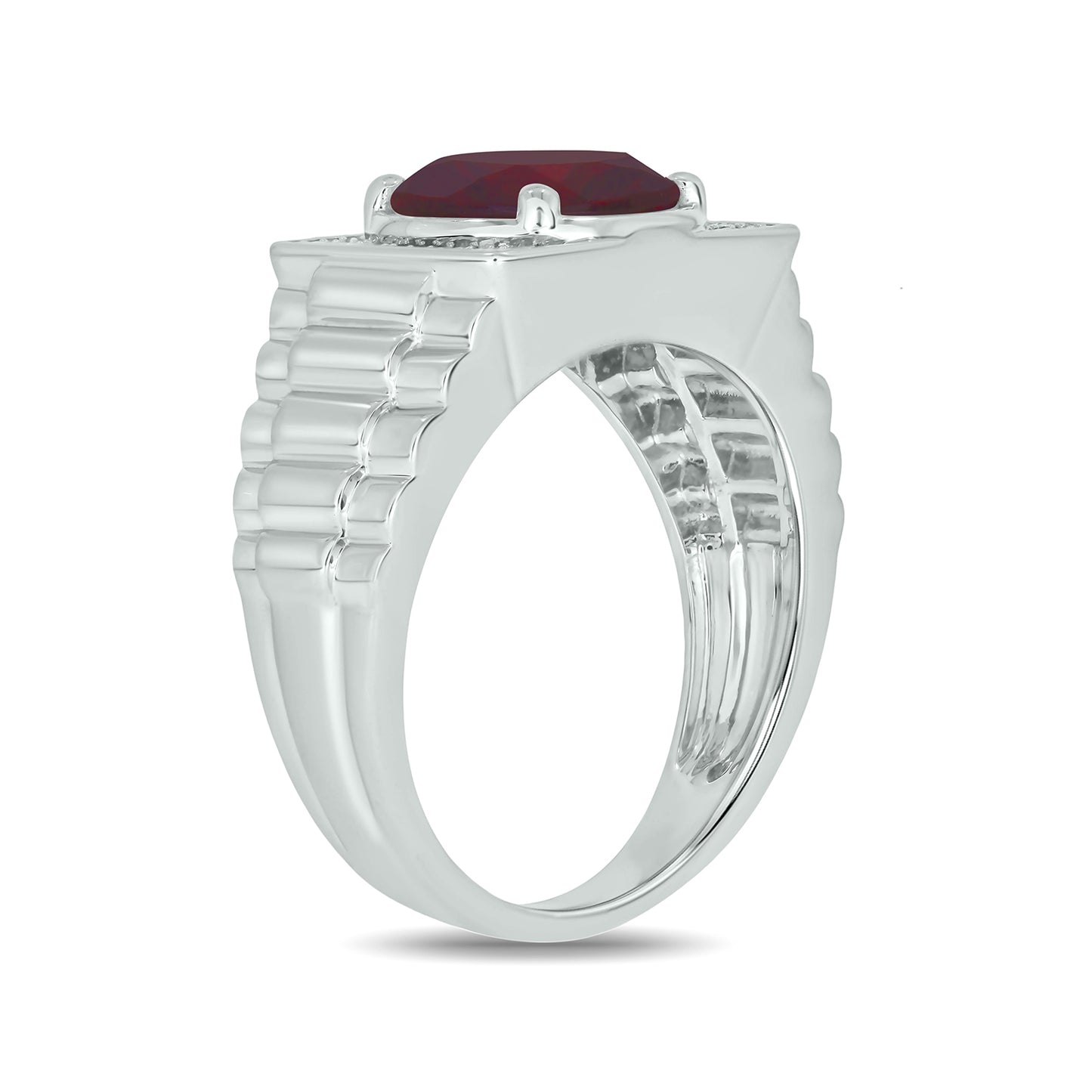 925 Sterling Silver Men's Ribbed Shank Round Natural Gemstone & Diamond Ring