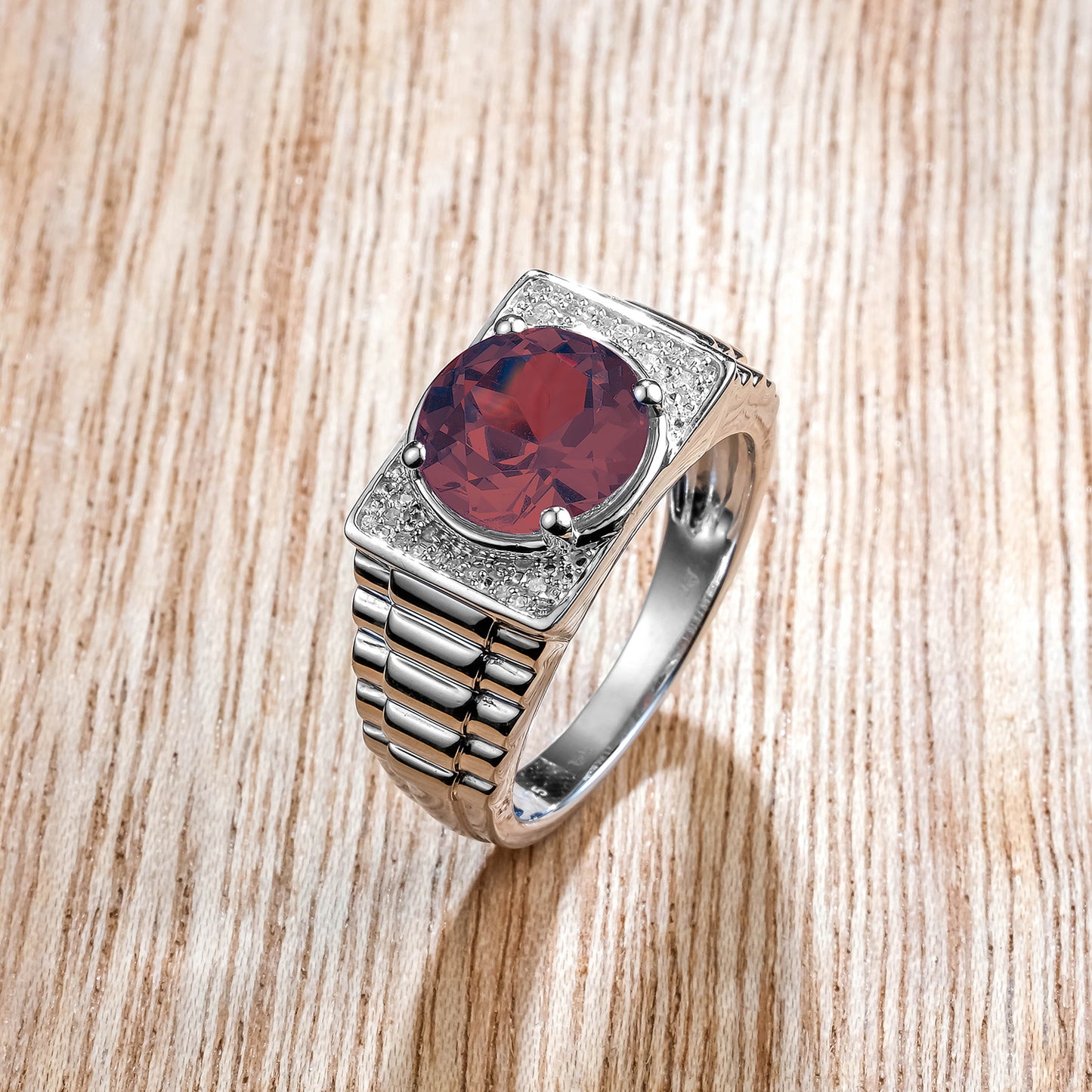 925 Sterling Silver Men's Ribbed Shank Round Natural Gemstone & Diamond Ring