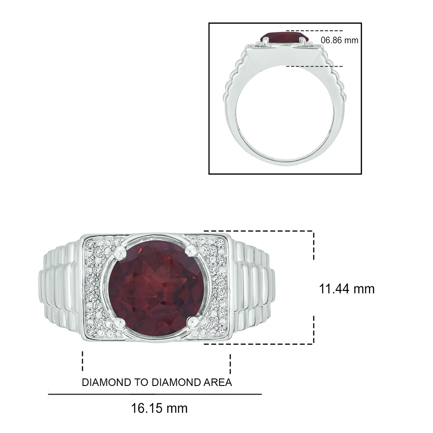 925 Sterling Silver Men's Ribbed Shank Round Natural Gemstone & Diamond Ring