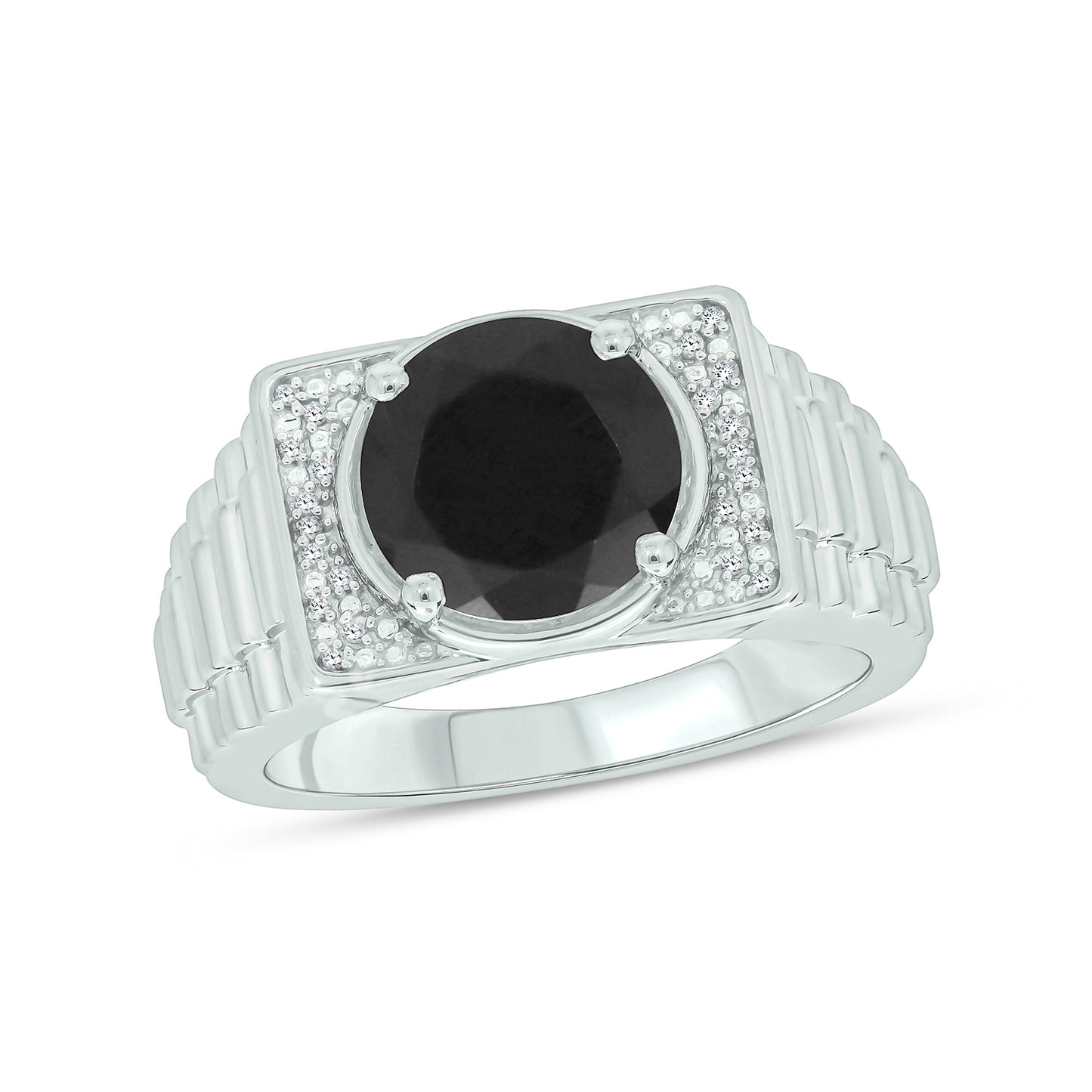 925 Sterling Silver Men's Ribbed Shank Round Natural Gemstone & Diamond Ring