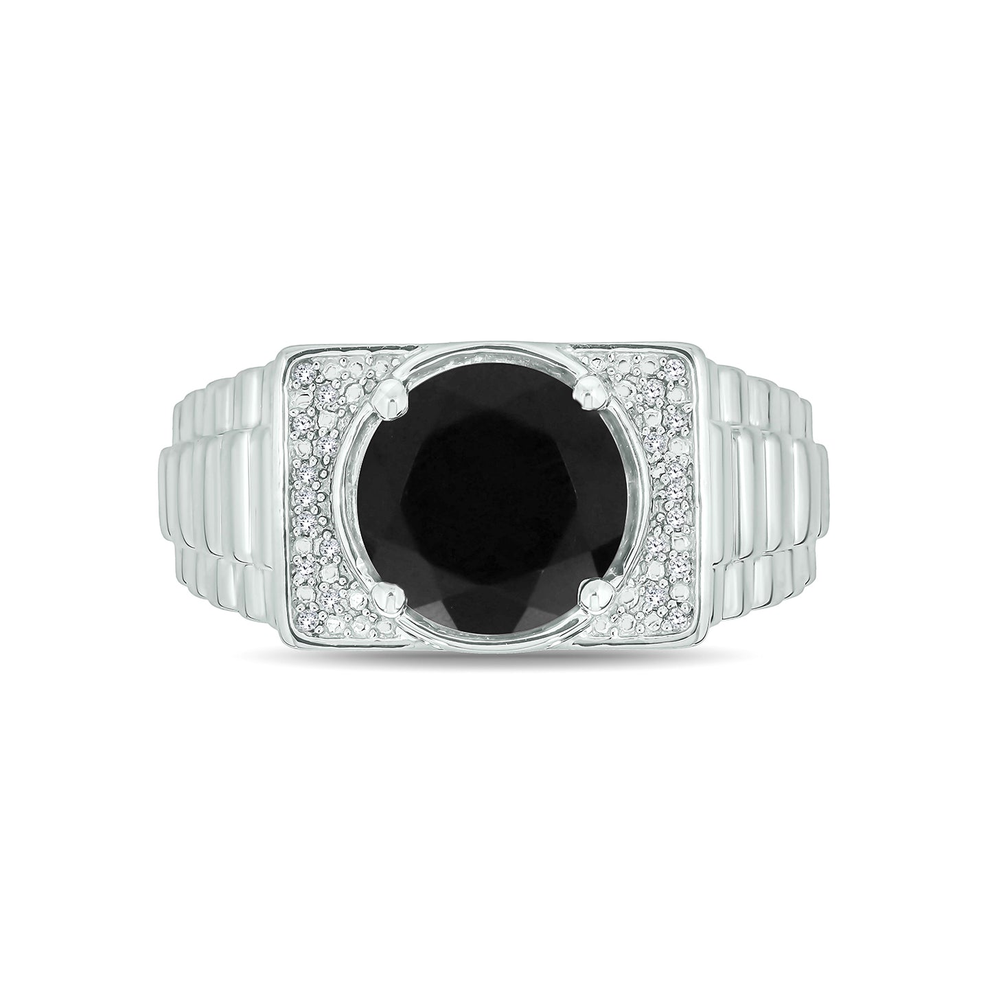 925 Sterling Silver Men's Ribbed Shank Round Natural Gemstone & Diamond Ring