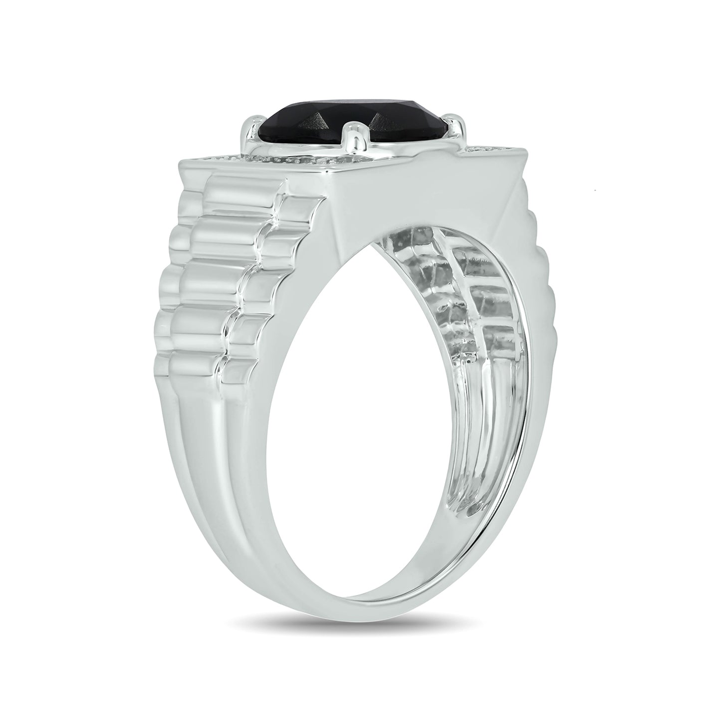 925 Sterling Silver Men's Ribbed Shank Round Natural Gemstone & Diamond Ring