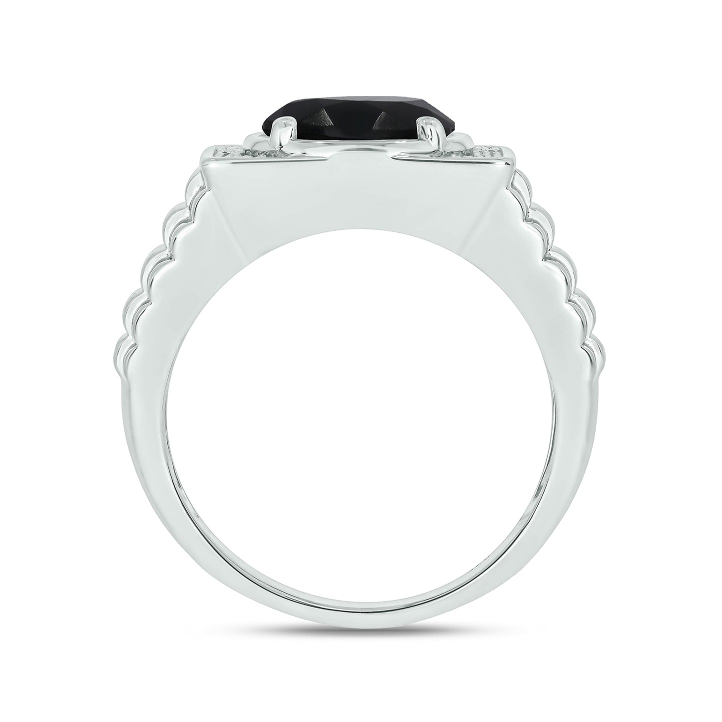 925 Sterling Silver Men's Ribbed Shank Round Natural Gemstone & Diamond Ring