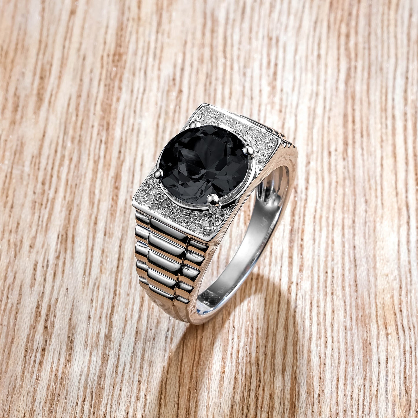 925 Sterling Silver Men's Ribbed Shank Round Natural Gemstone & Diamond Ring