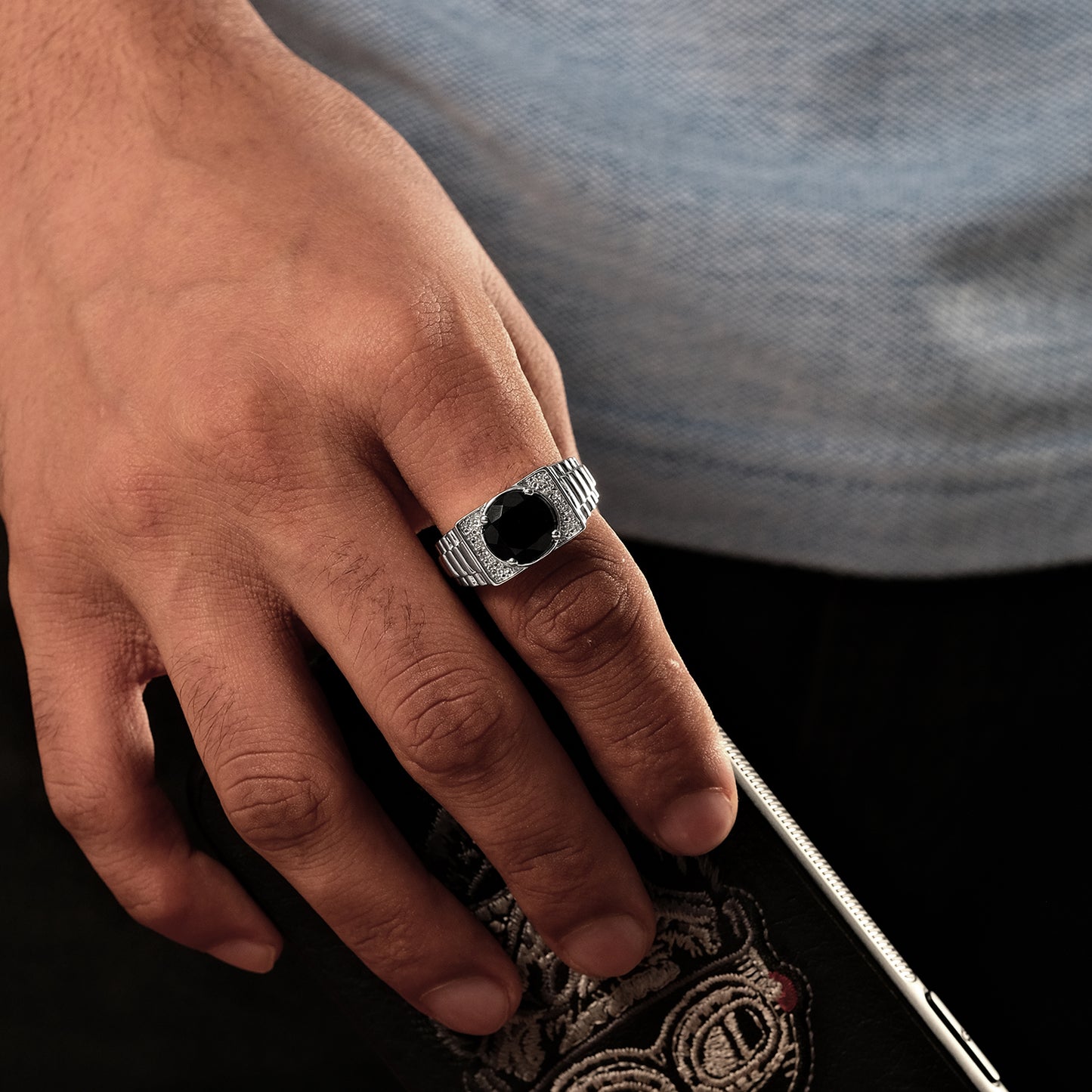 925 Sterling Silver Men's Ribbed Shank Round Natural Gemstone & Diamond Ring