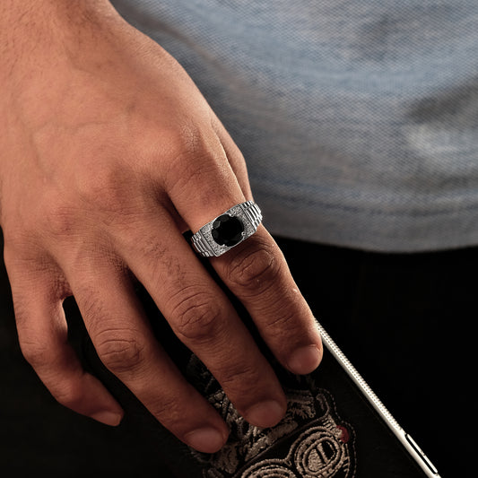 925 Sterling Silver Men's Ribbed Shank Round Natural Gemstone & Diamond Ring