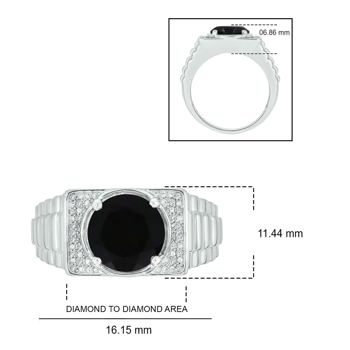925 Sterling Silver Men's Ribbed Shank Round Natural Gemstone & Diamond Ring