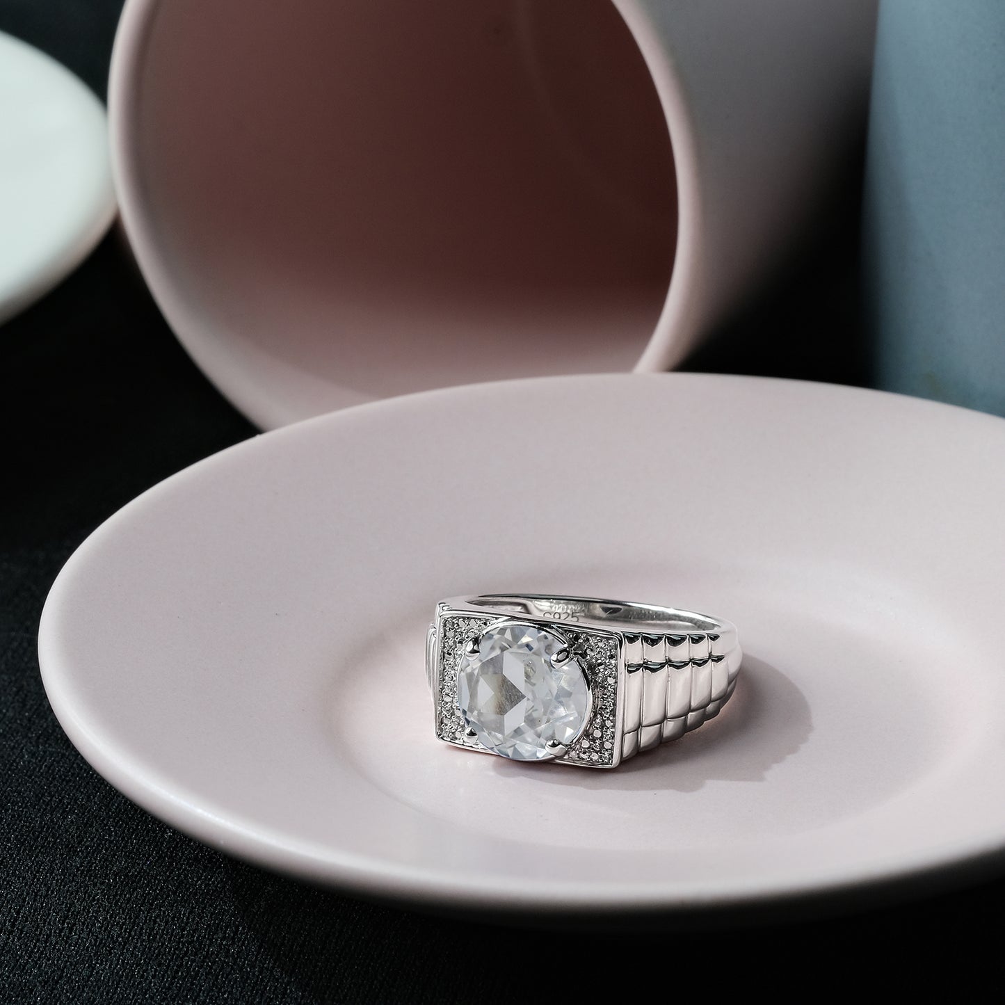 925 Sterling Silver Men's Round Created Gemstone & Diamond Ring