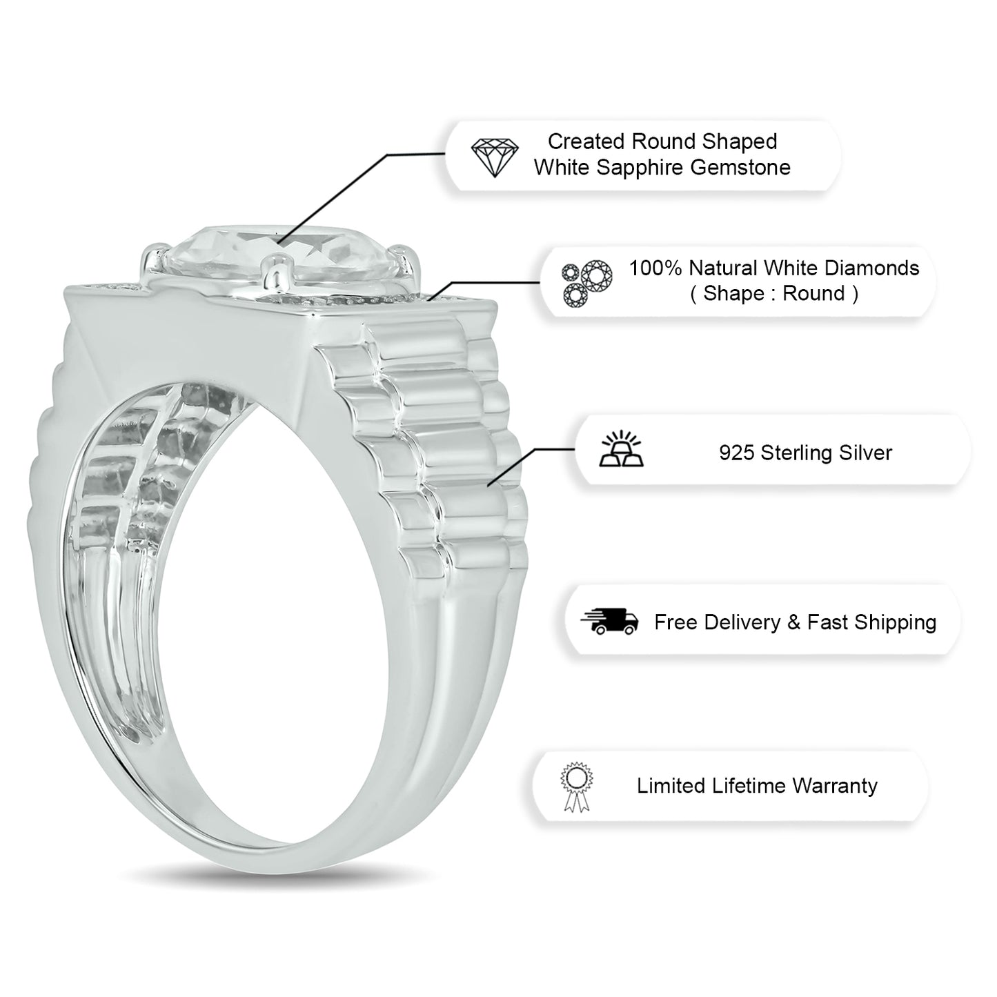 925 Sterling Silver Men's Round Created Gemstone & Diamond Ring