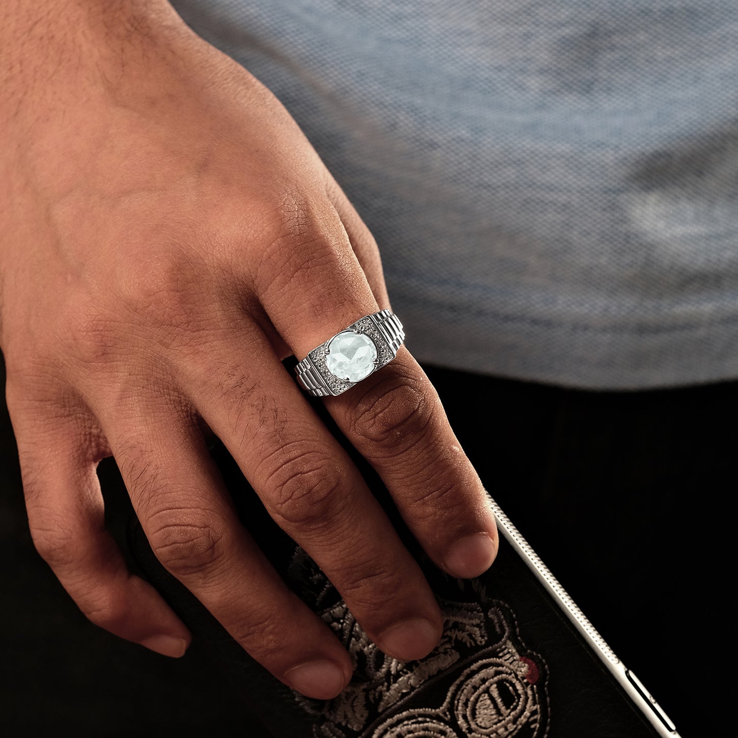 925 Sterling Silver Men's Round Created Gemstone & Diamond Ring