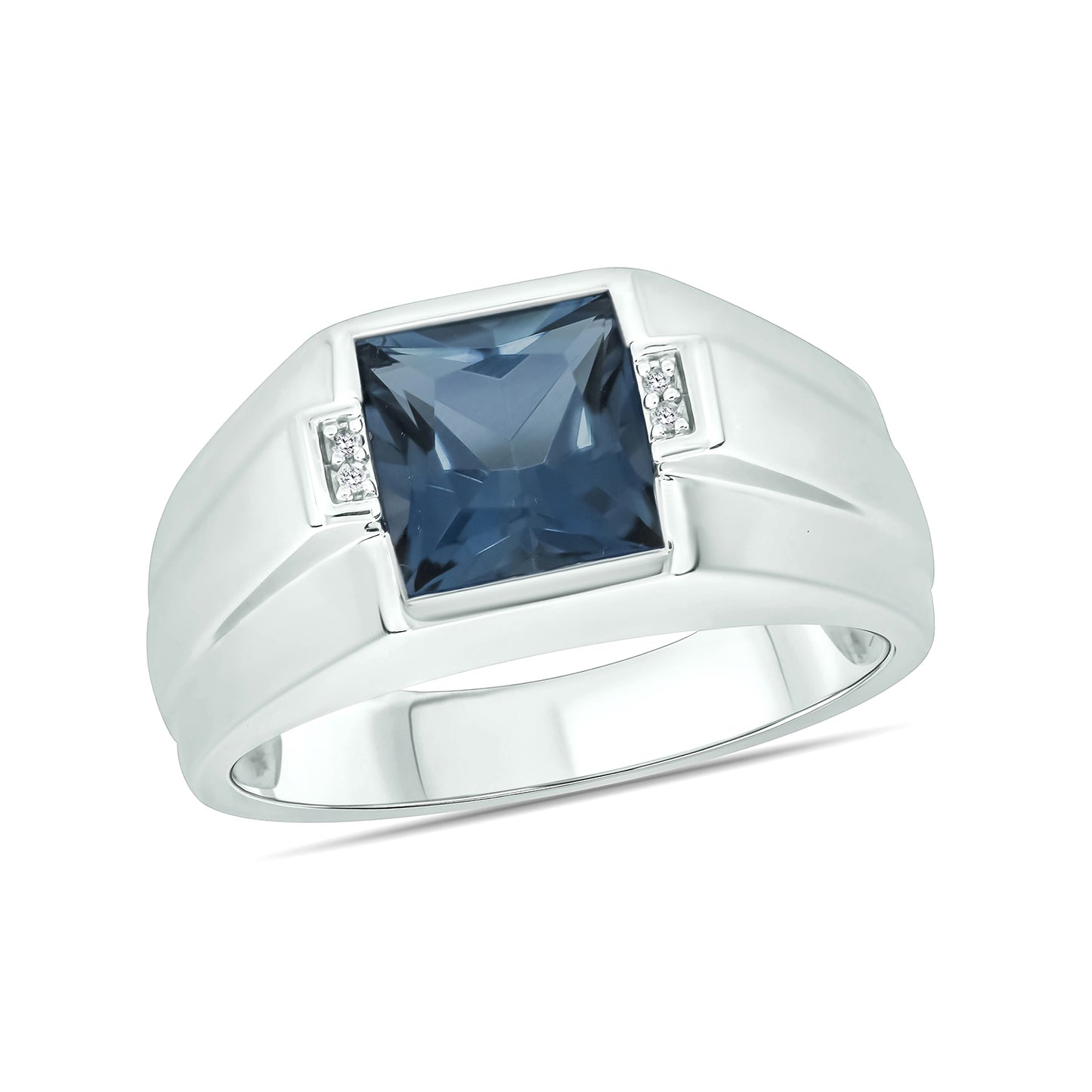 925 Sterling Silver Men's Polished Shank Square Natural Gemstone & Diamond Ring